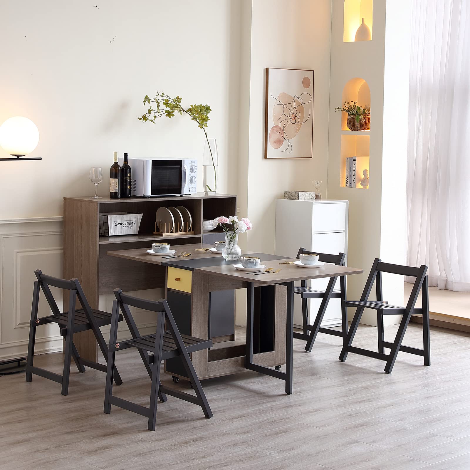 折りたたみテーブル収納キャビネット サイドボード キャビネット 収納棚 リビング収納 サイドボード棚付き 食器棚 ダイニング 飾り棚 玄関キャビネット 幅120×奥行き40×高さ105cm(グレー)